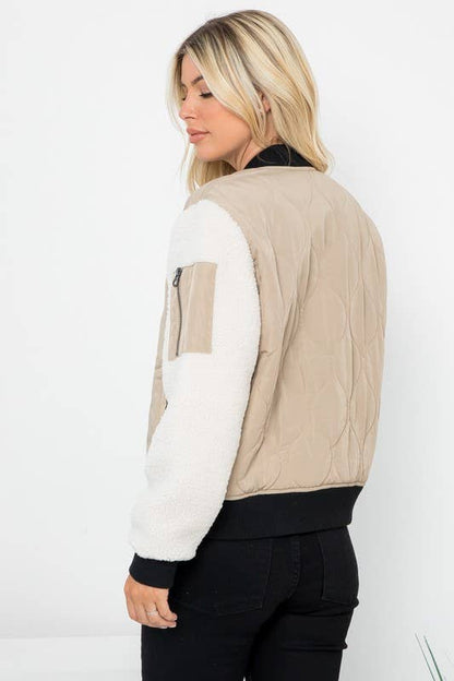 Onion Quilted Bomber With Sherpa Sleeves