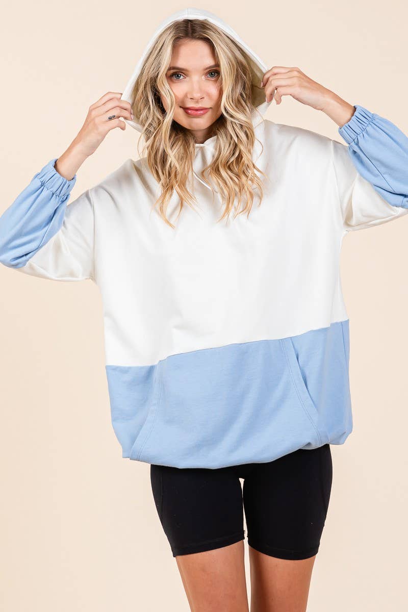 D5505 - ELASTIC HEM COLOR BLOCK POCKET HOODIE=