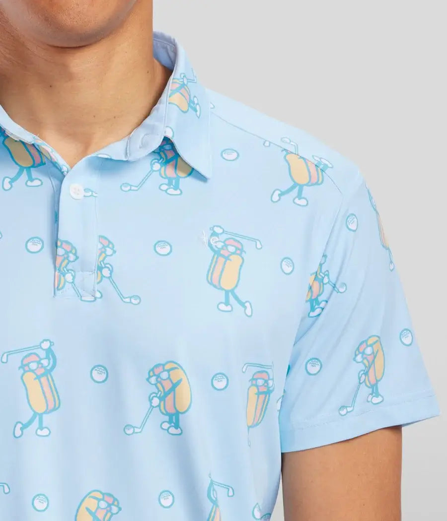 Sizzlin' Swing Men's Golf Shirt - Blue Hot Dog Golf Polo