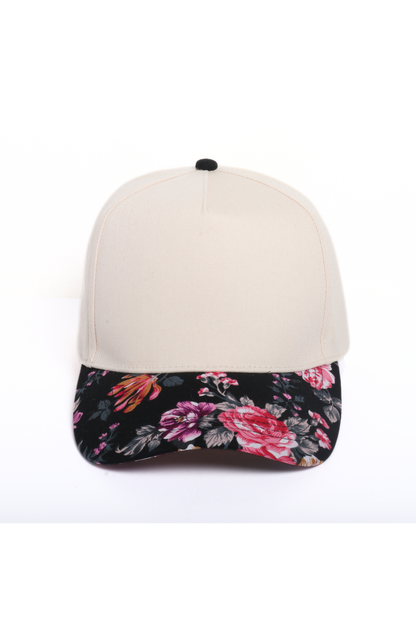 Floral Print Brim 5 Panel Two Tone Baseball Cap