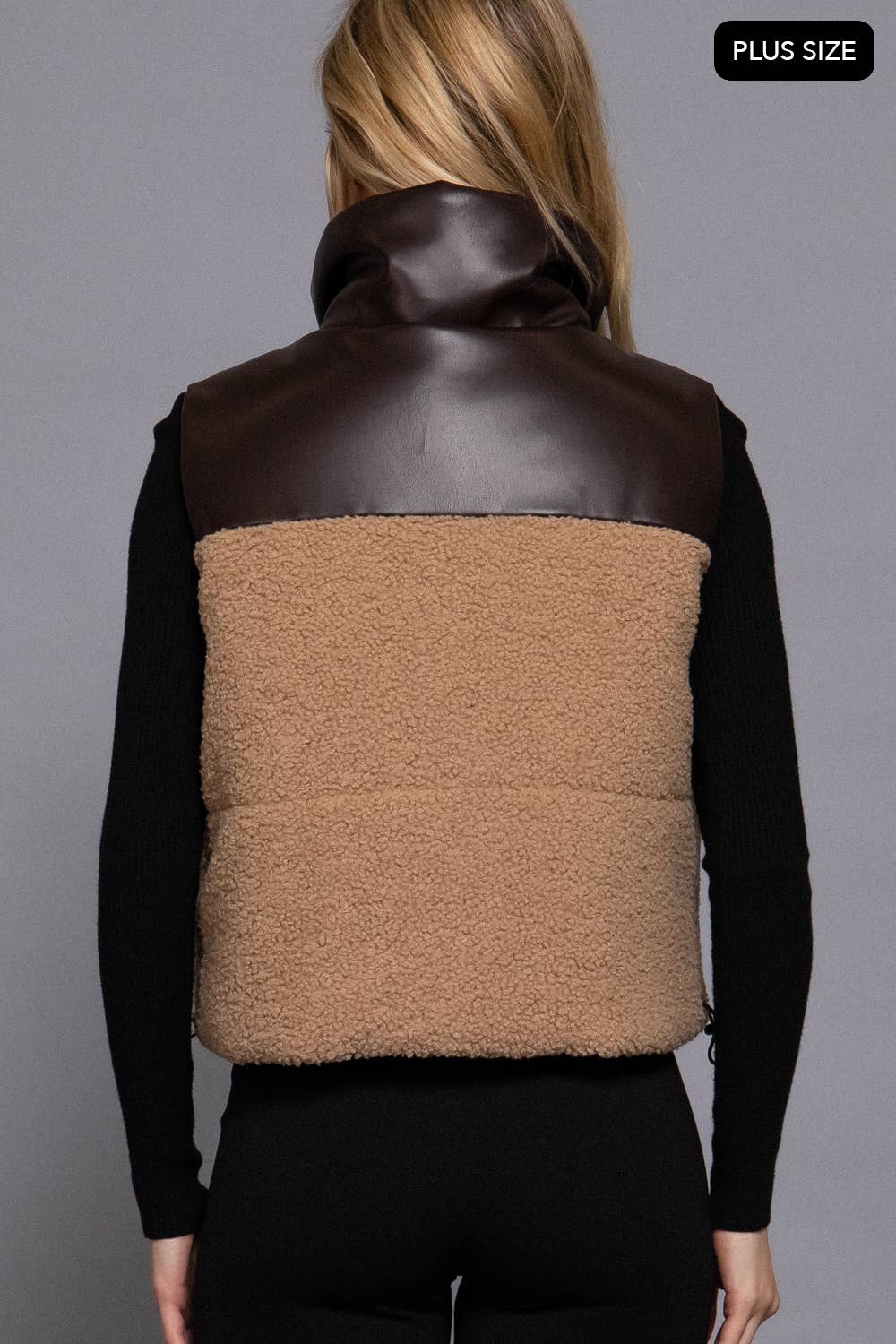 [PLUS SIZE] Reversible Faux Leather-Sherpa Padding Crop Vest