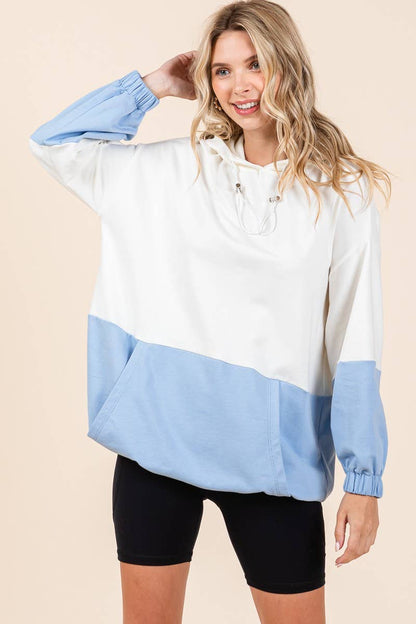 D5505 - ELASTIC HEM COLOR BLOCK POCKET HOODIE=