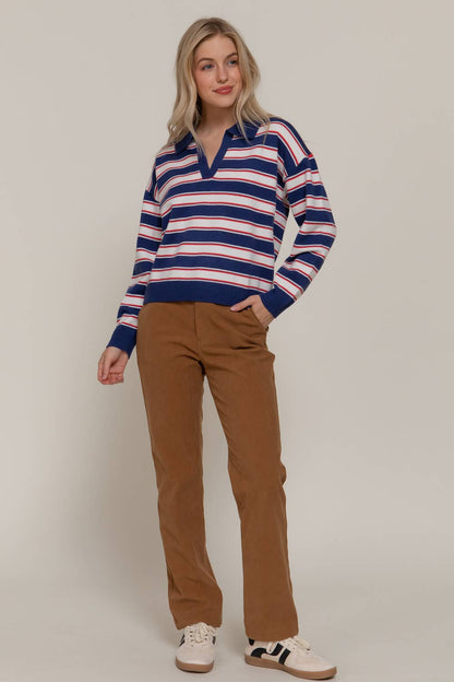 Long Sleeve Multi Stripe Polo Sweater