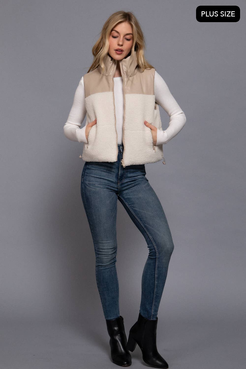 [PLUS SIZE] Reversible Faux Leather-Sherpa Padding Crop Vest