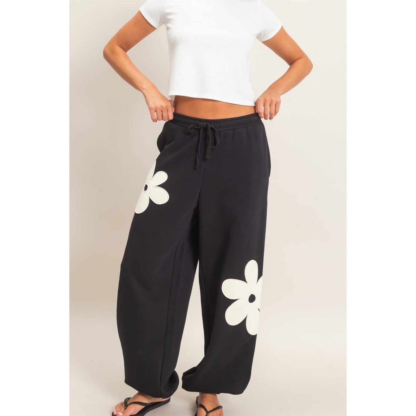 Floral Applique Drawstring Jogger Pants