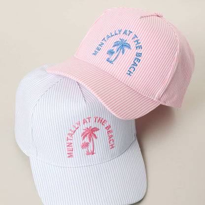 MENTALLY AT THE BEACH Embroidered Seersucker Trucker Hat