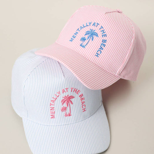 MENTALLY AT THE BEACH Embroidered Seersucker Trucker Hat
