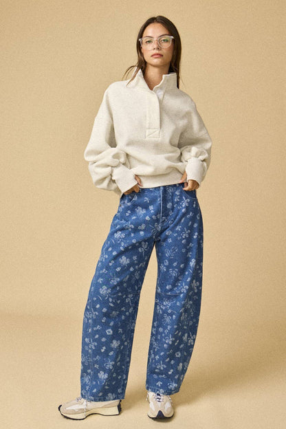 PT18729 - High Collar Half Button-Up Relaxed Fit Pullover