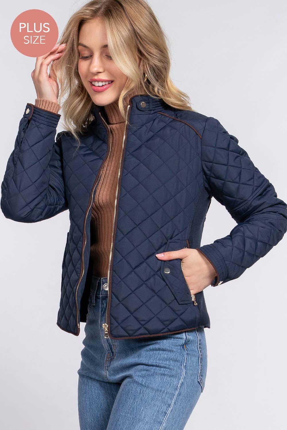 [PLUS SIZE] Suede Piping Detail Rib Quilted Padding Jacket