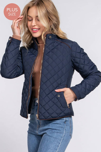 [PLUS SIZE] Suede Piping Detail Rib Quilted Padding Jacket