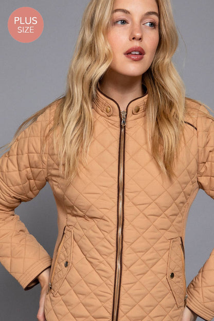 [PLUS SIZE] Suede Piping Detail Rib Quilted Padding Jacket