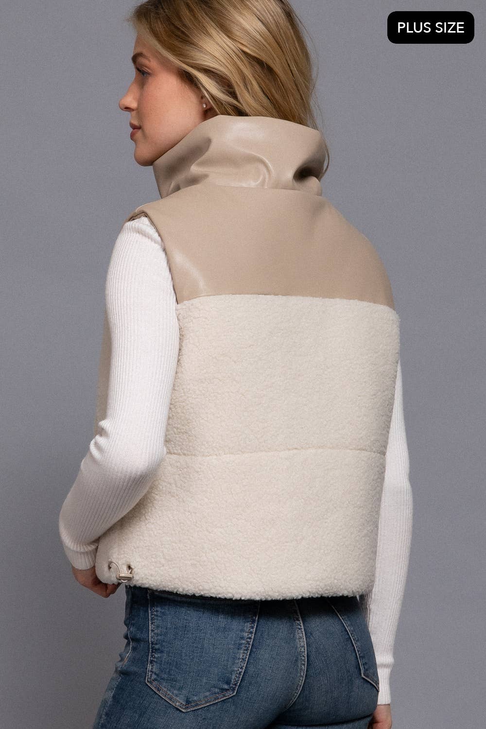 [PLUS SIZE] Reversible Faux Leather-Sherpa Padding Crop Vest