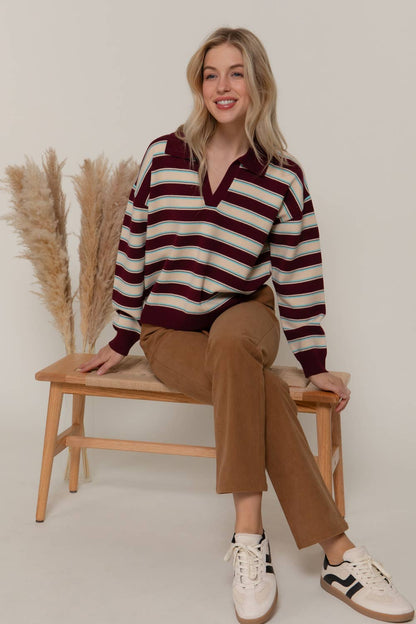 Long Sleeve Multi Stripe Polo Sweater