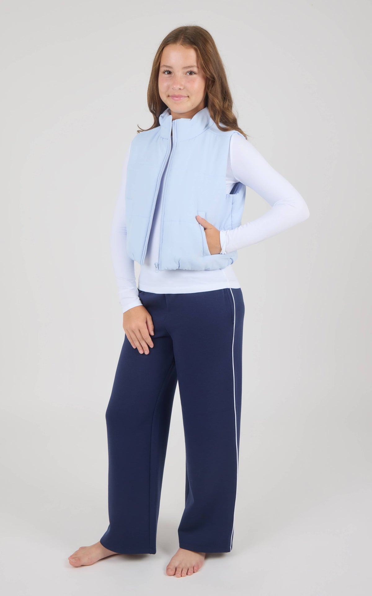 Tween Girls Puffer Vest, Long Sleeve Top, Wide Pants - Set