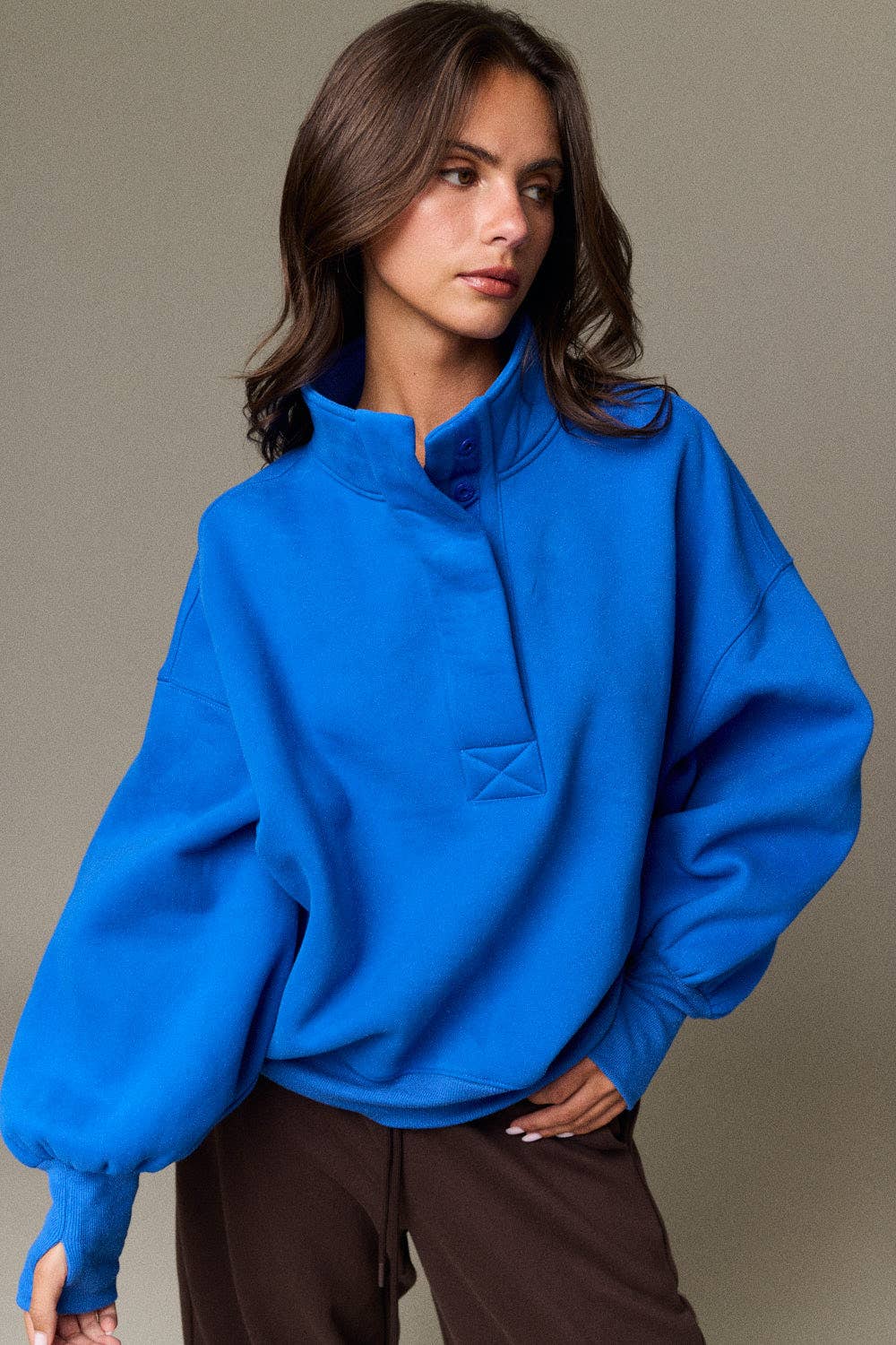 PT18729 - High Collar Half Button-Up Relaxed Fit Pullover