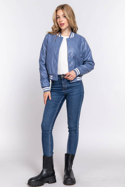Long Sleeve Quilted PU Faux Leather Bomber Jacket