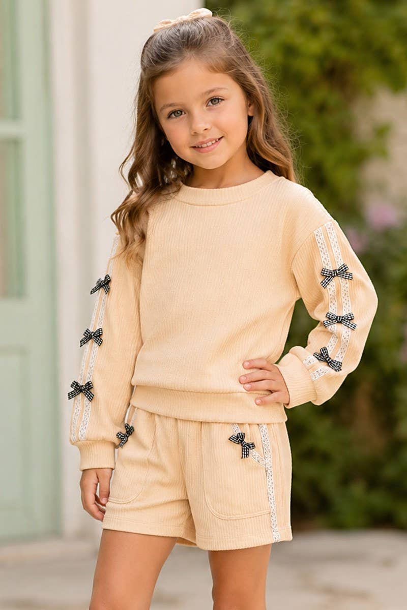 GKSS-Q26-38283B Girl's Knit Ribbed  Pullover & Short Set