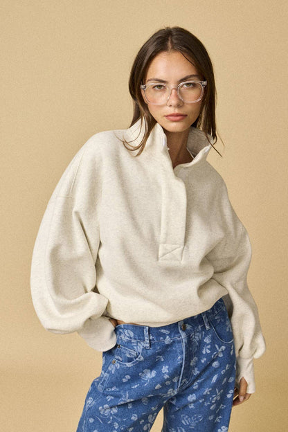 PT18729 - High Collar Half Button-Up Relaxed Fit Pullover