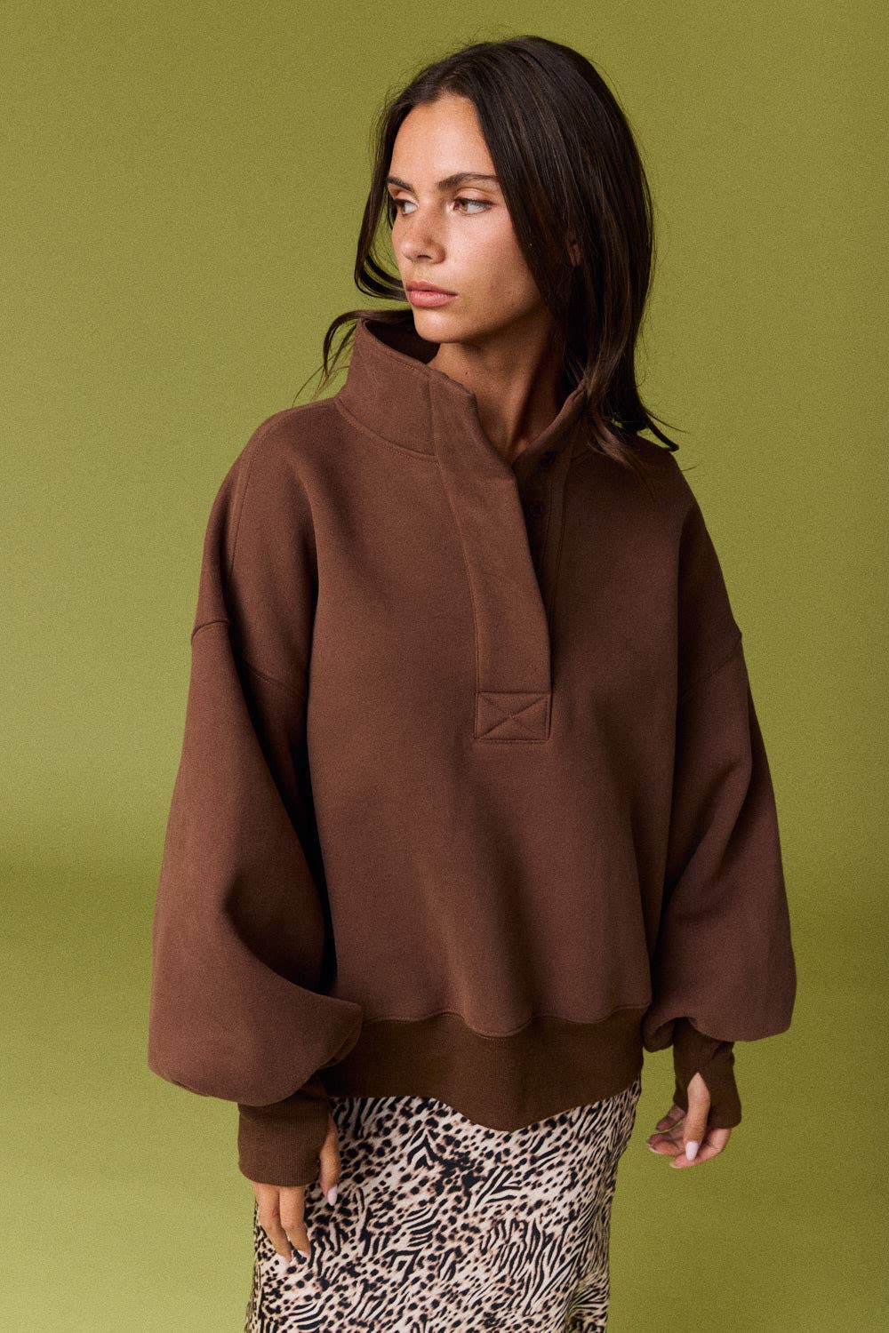 PT18729 - High Collar Half Button-Up Relaxed Fit Pullover