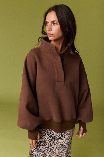 PT18729 - High Collar Half Button-Up Relaxed Fit Pullover