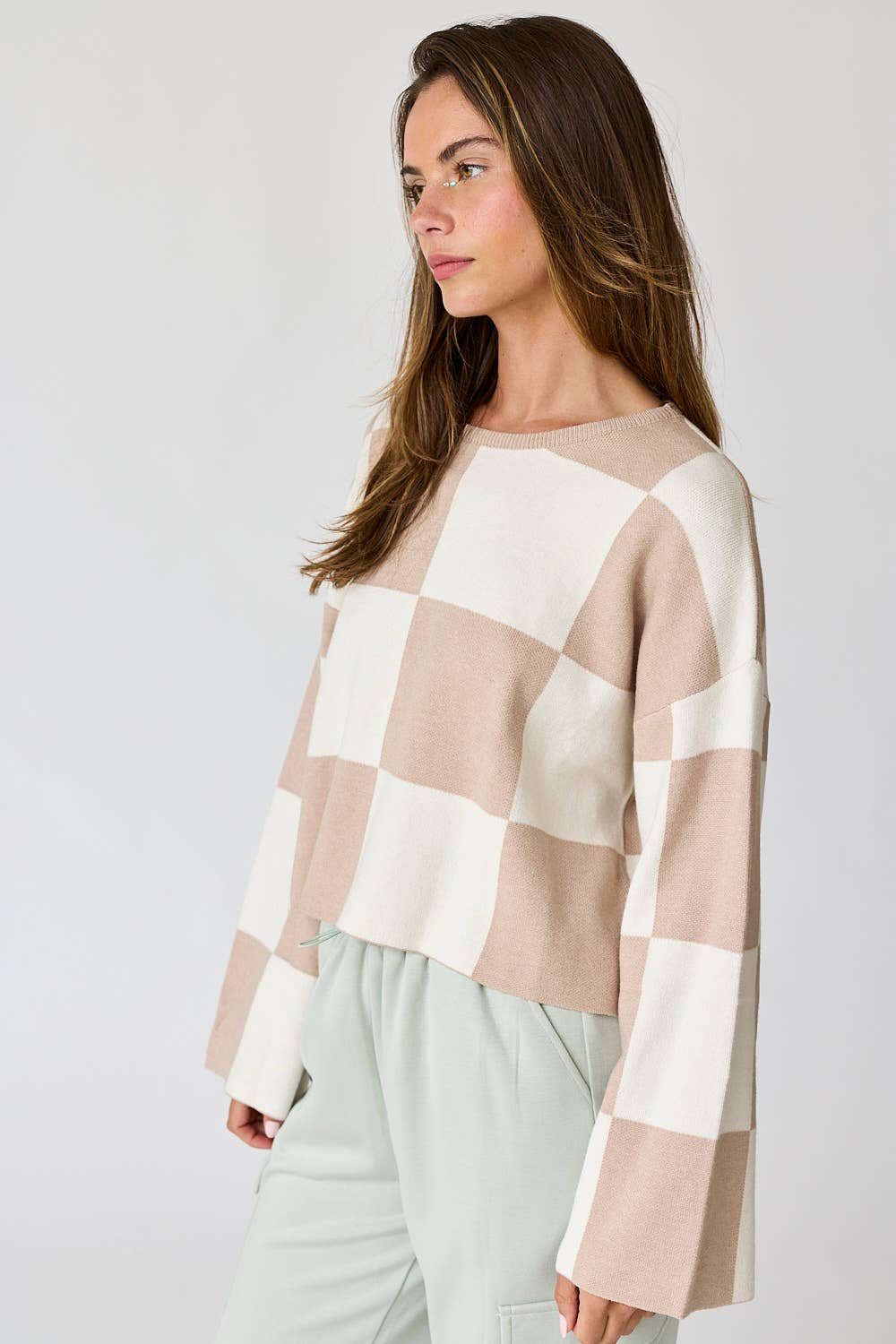 PT16257 - Sarah Round Neck Checkered LS Top