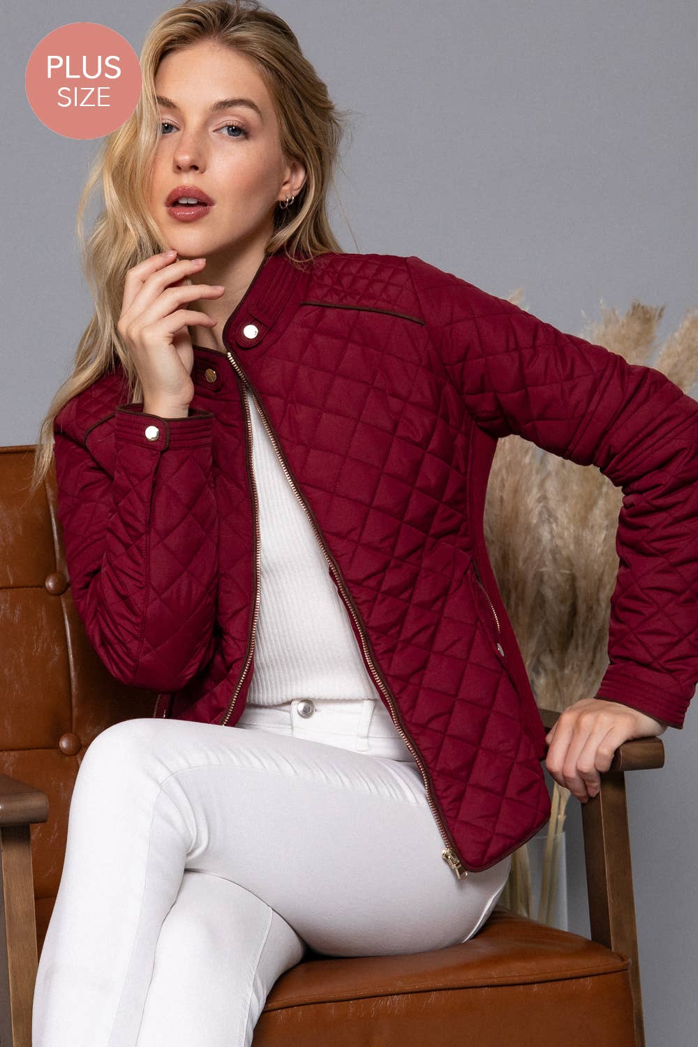 [PLUS SIZE] Suede Piping Detail Rib Quilted Padding Jacket