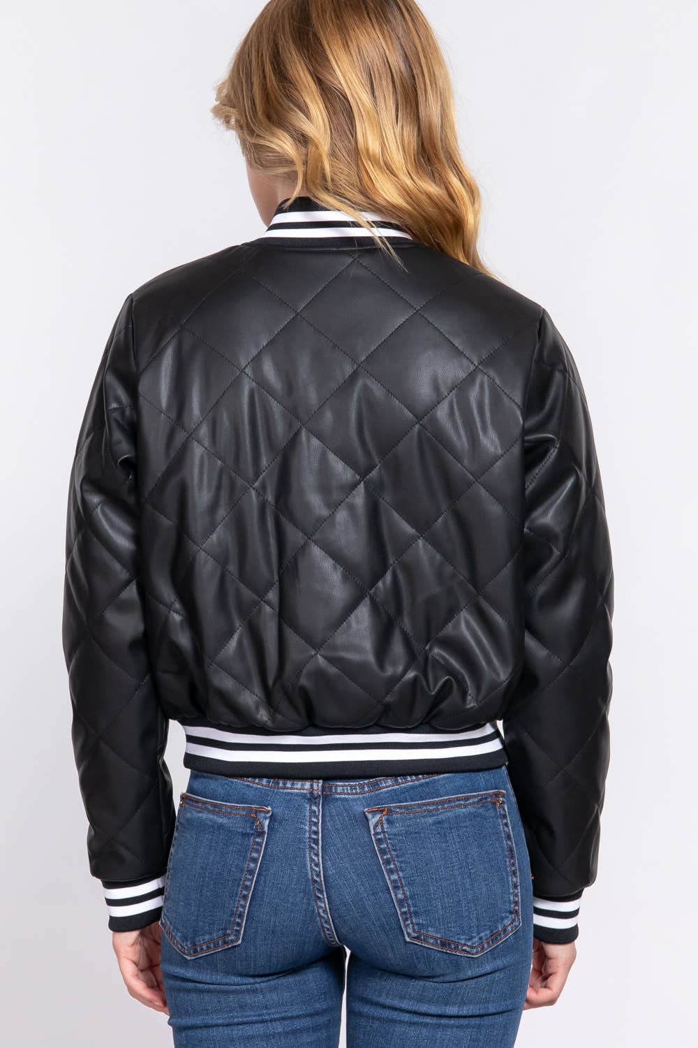 Long Sleeve Quilted PU Faux Leather Bomber Jacket