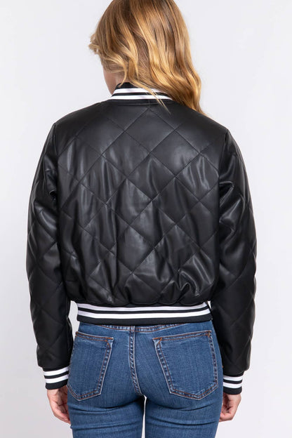 Long Sleeve Quilted PU Faux Leather Bomber Jacket