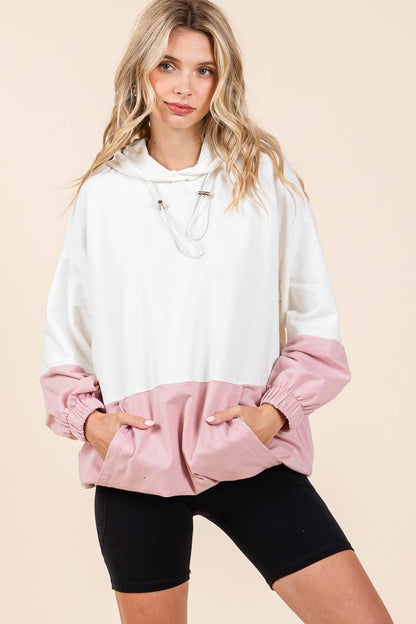 D5505 - ELASTIC HEM COLOR BLOCK POCKET HOODIE=