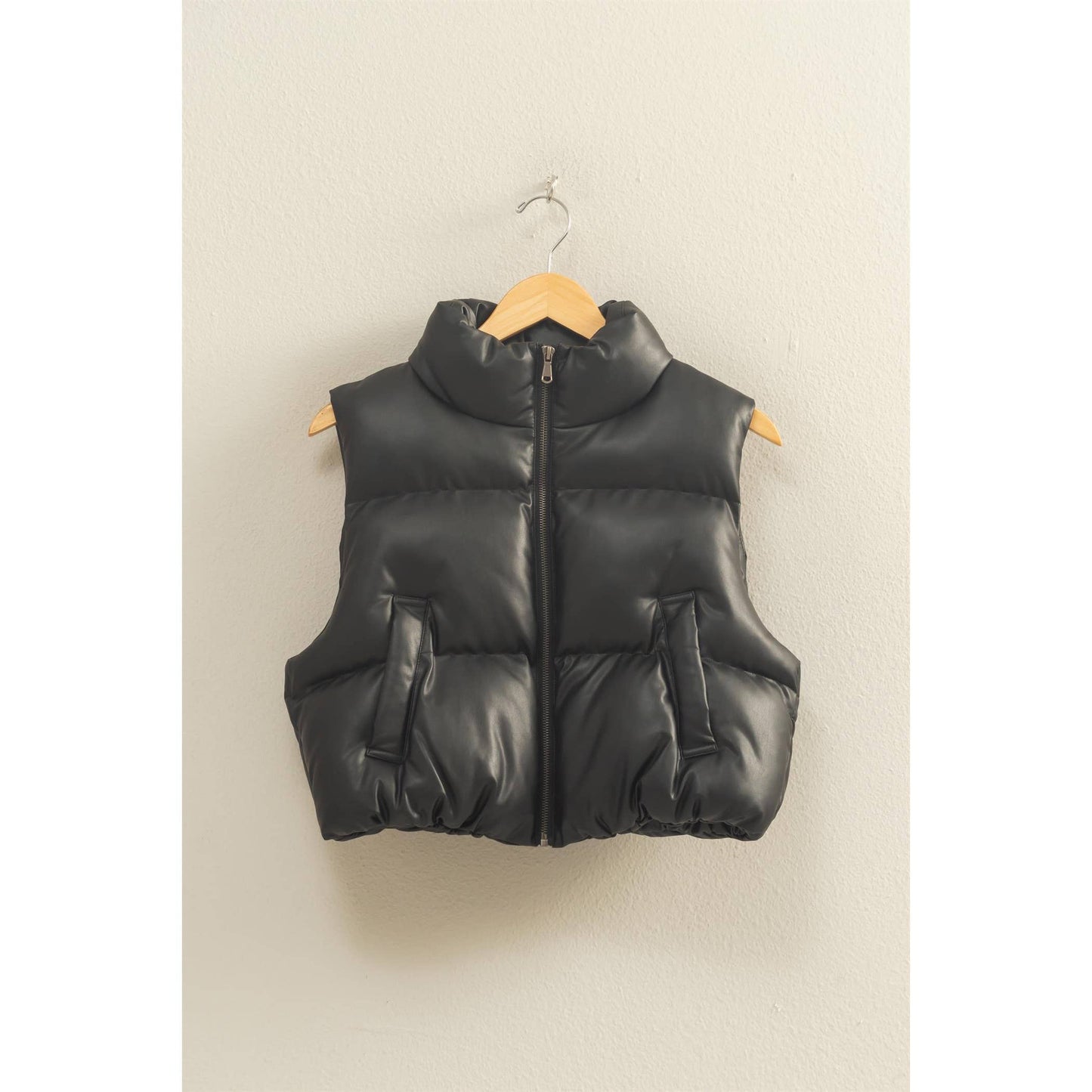 Faux Leather Cropped Puffer Vest