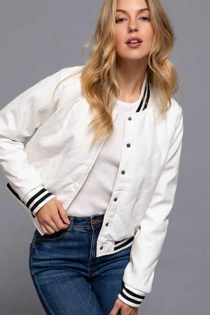 Long Sleeve Quilted PU Faux Leather Bomber Jacket