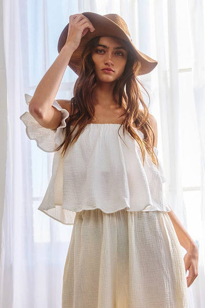 T1729 -Solid Ruffled Off Shoulder Crop Top