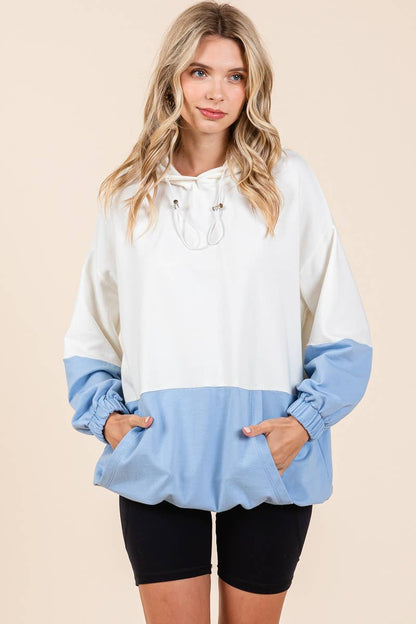 D5505 - ELASTIC HEM COLOR BLOCK POCKET HOODIE=