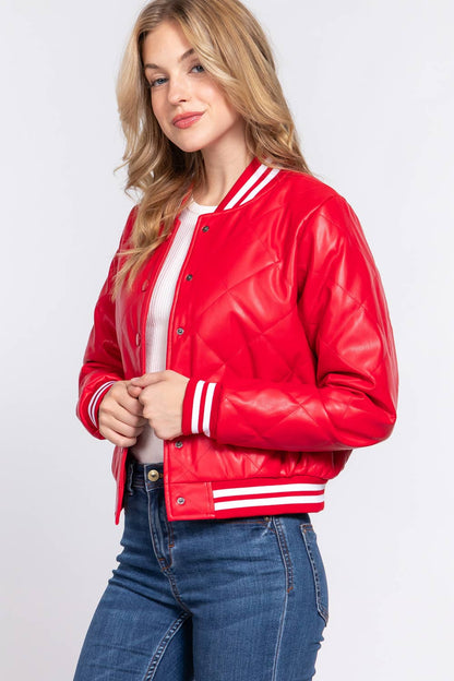 Long Sleeve Quilted PU Faux Leather Bomber Jacket
