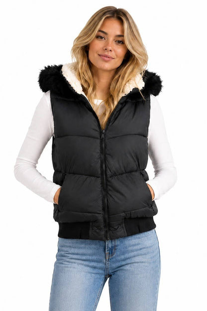 Women's Sherpa-lined Faux Fur Hood Puffer Vest