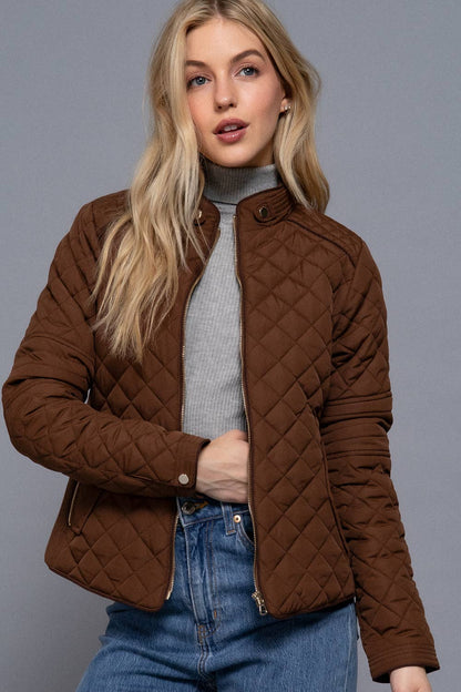 [PLUS SIZE] Suede Piping Detail Rib Quilted Padding Jacket