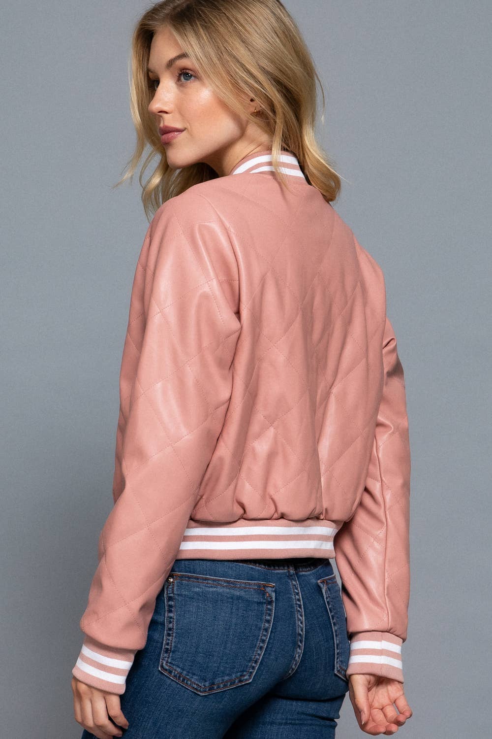Long Sleeve Quilted PU Faux Leather Bomber Jacket