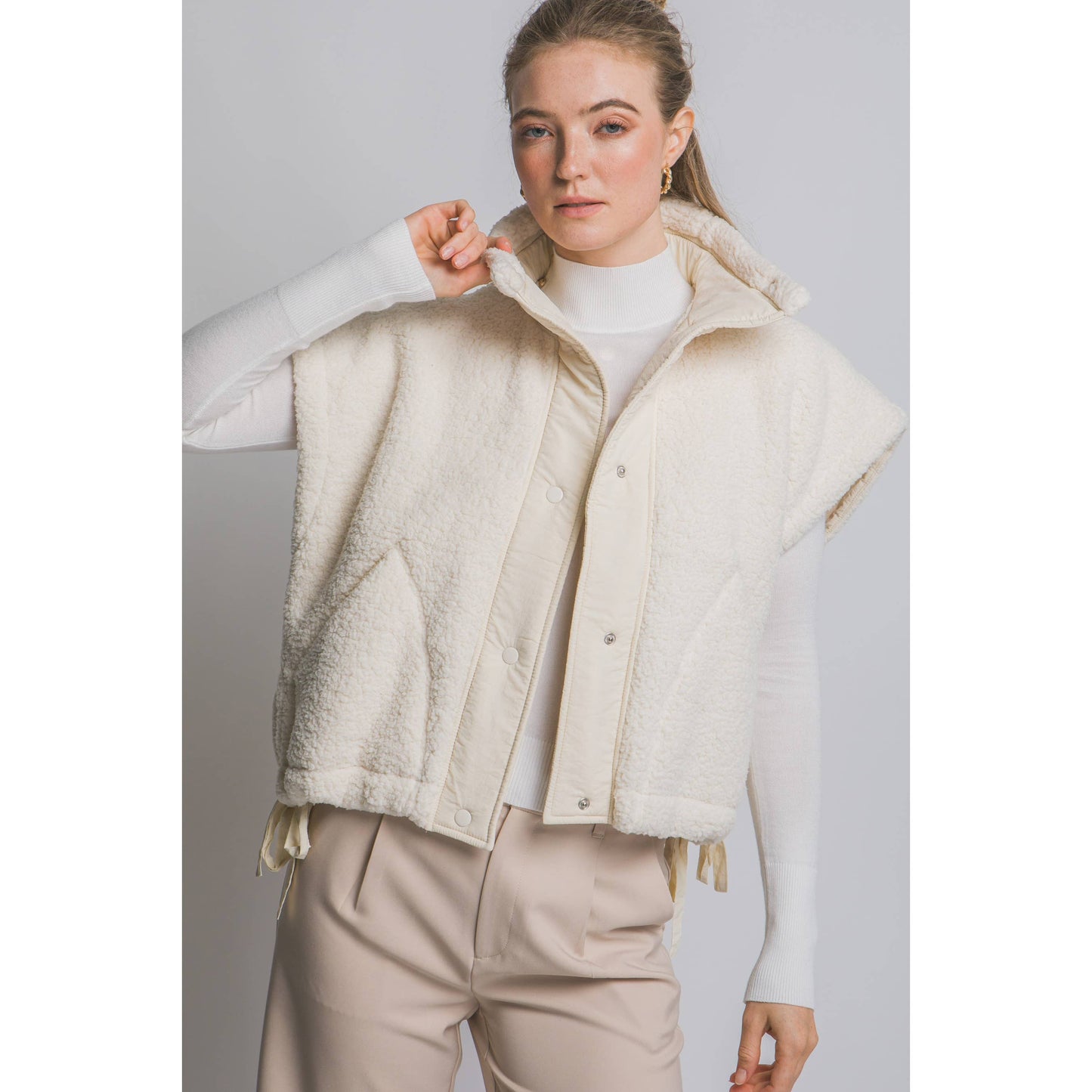 Sherpa Oversized Vest Button Tabs with Pockets