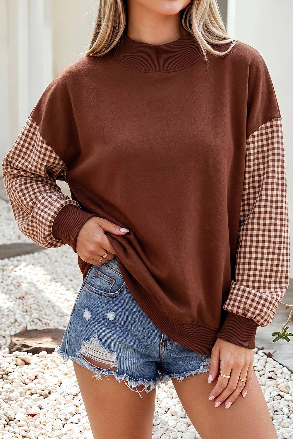 F/W26 NEW Plaid Sleeve Colorblock Mock Neck Sweatshirt| S-4X