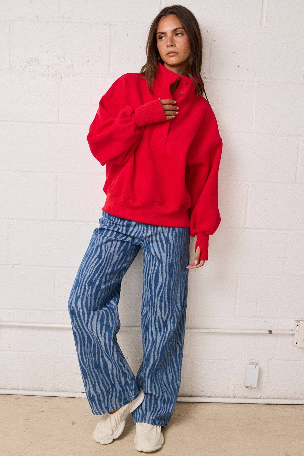 PT18729 - High Collar Half Button-Up Relaxed Fit Pullover