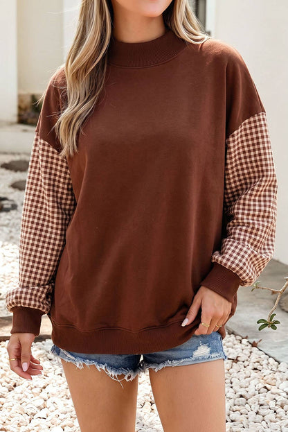 F/W26 NEW Plaid Sleeve Colorblock Mock Neck Sweatshirt| S-4X