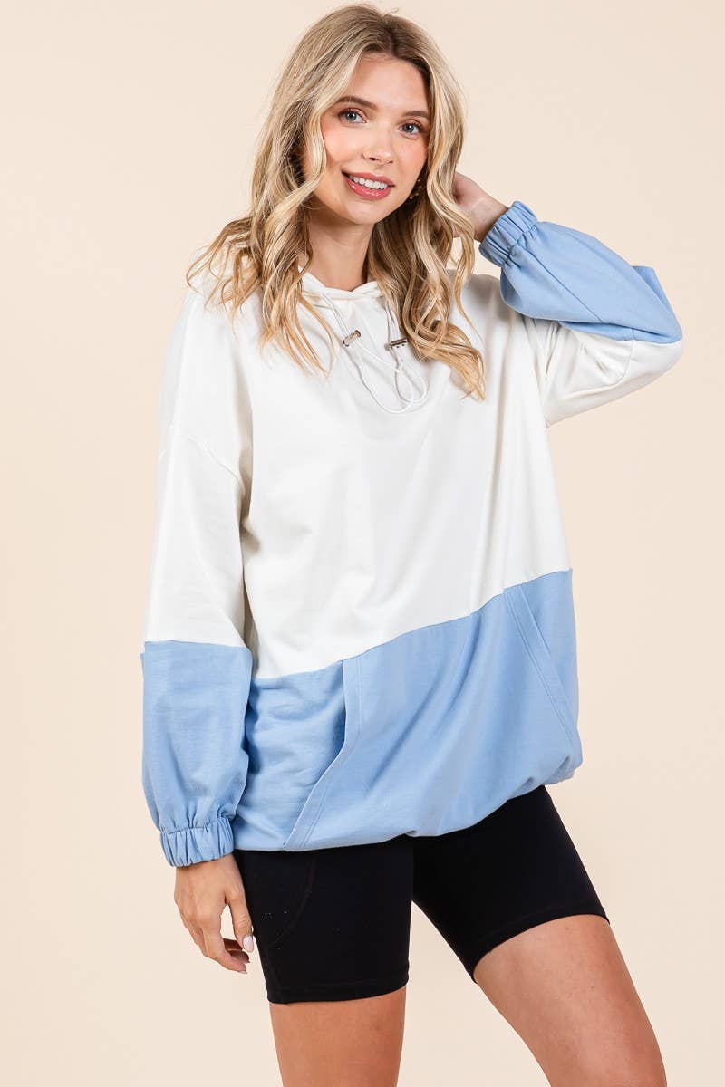D5505 - ELASTIC HEM COLOR BLOCK POCKET HOODIE=