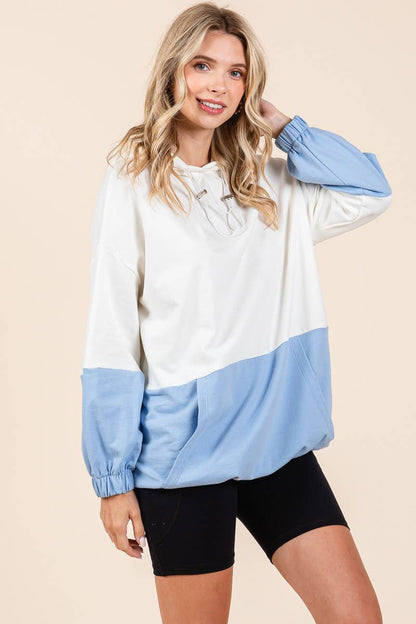 D5505 - ELASTIC HEM COLOR BLOCK POCKET HOODIE=