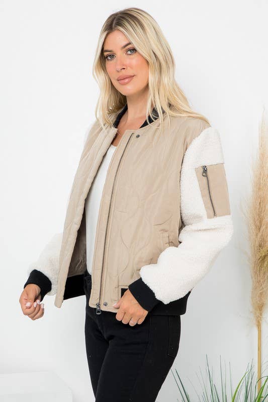 Onion Quilted Bomber With Sherpa Sleeves