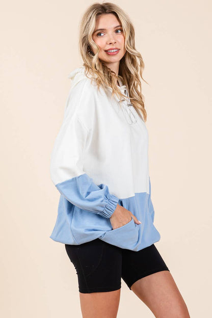 D5505 - ELASTIC HEM COLOR BLOCK POCKET HOODIE=
