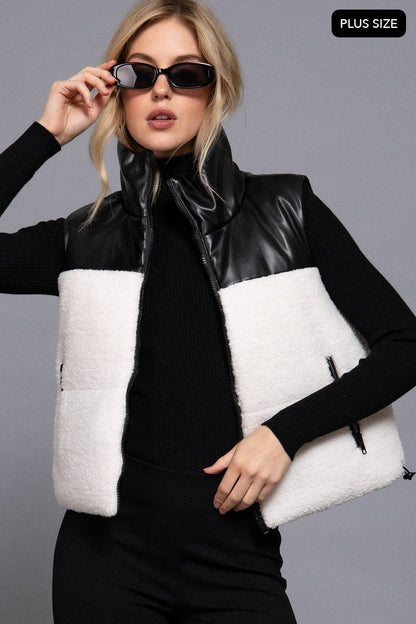 [PLUS SIZE] Reversible Faux Leather-Sherpa Padding Crop Vest