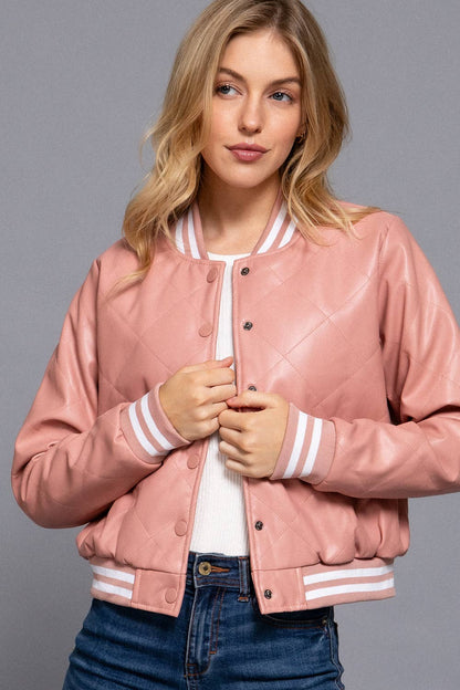 Long Sleeve Quilted PU Faux Leather Bomber Jacket