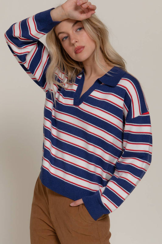 Long Sleeve Multi Stripe Polo Sweater