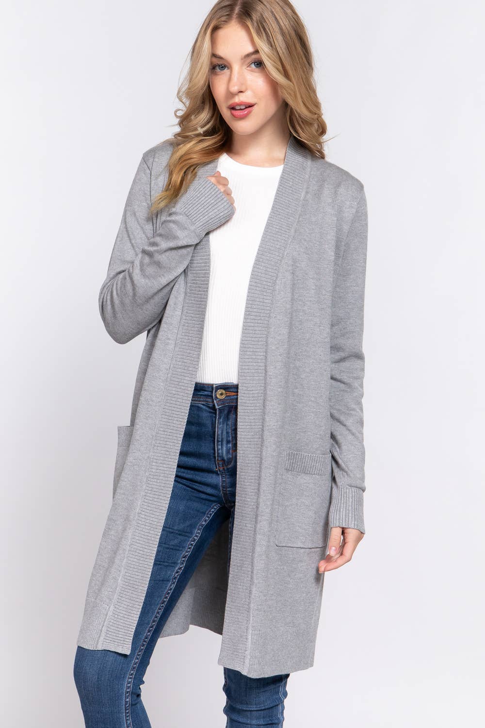 Long Sleeve Rib Banded Open Tunic Sweater Cardigan