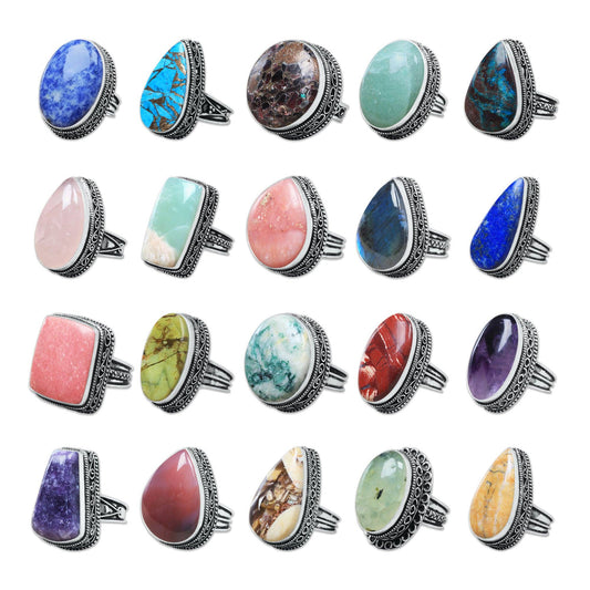 Artisanal Silver-Plated Statement Rings – Assorted Gemstones with Designer Bands (US Sizes 6–10, Non-Adjustable)